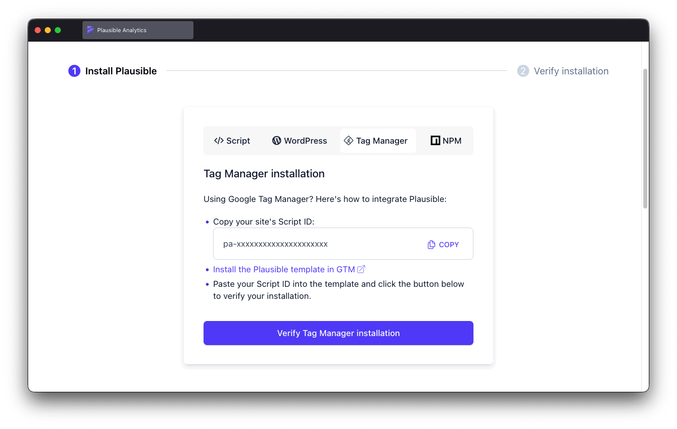 tag manager installation method in plausible