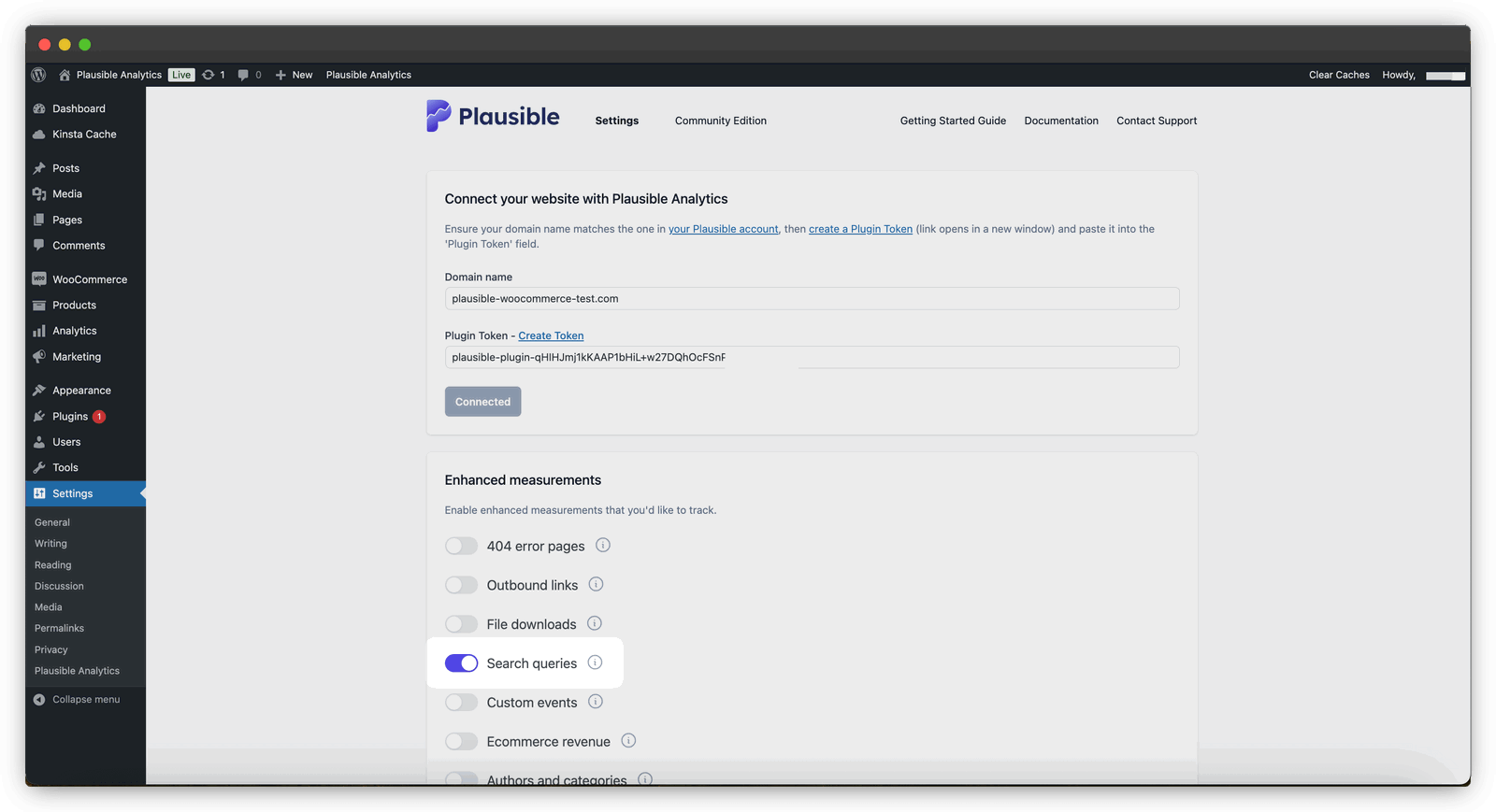 Wordpress search queries tracking with Plausible plugin